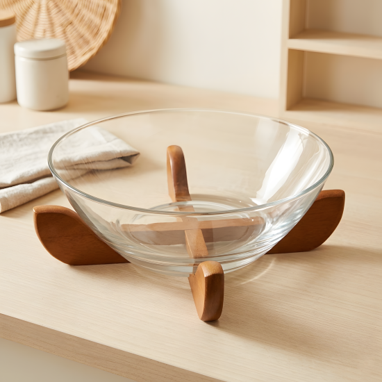 Glass Bowl & Wooden Base With 2 Wooden Spoons
